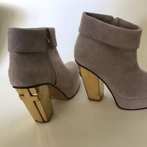 Friend Of Mine Cross Suede Beige with Brass Block Heel Boots Sz 36